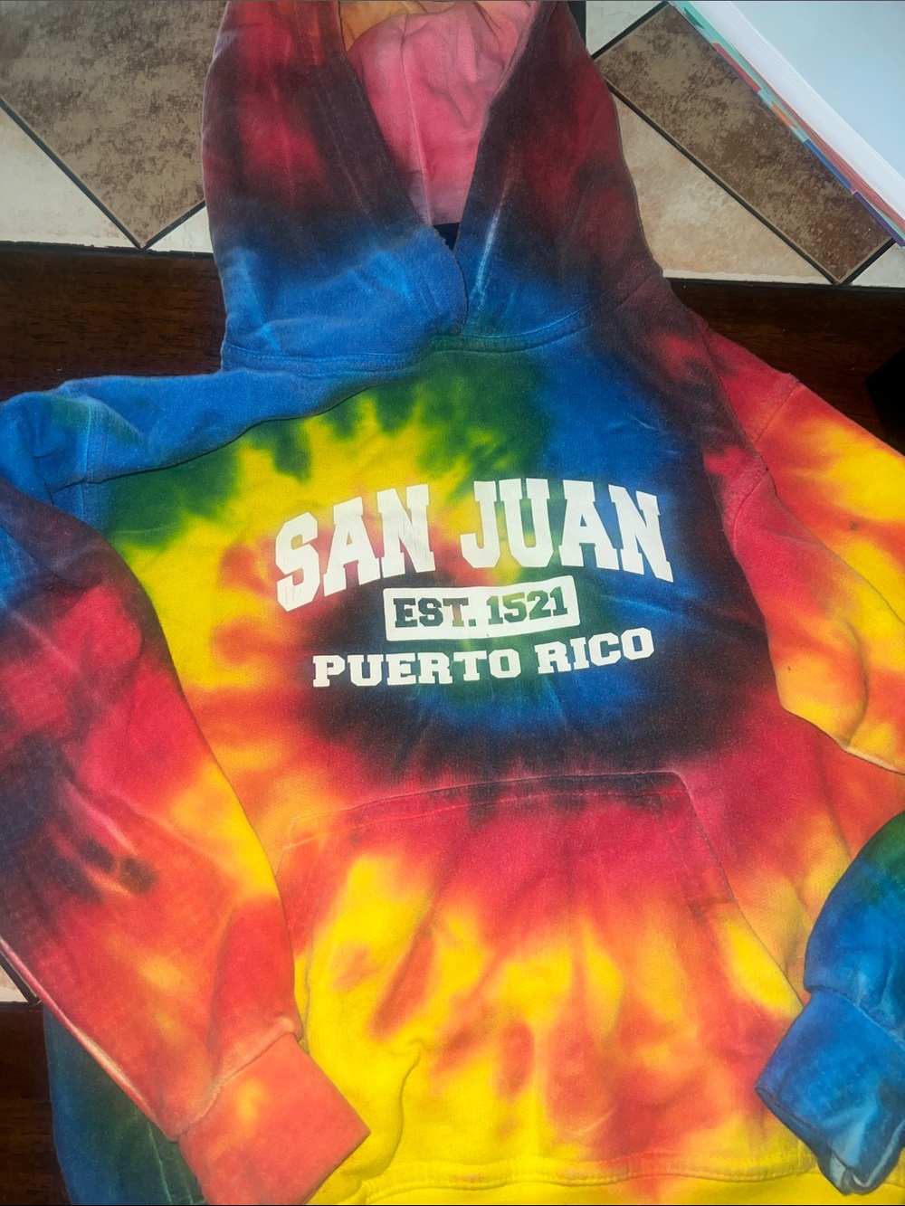 Luxe Tie-Dye 'San Juan Puerto Rico' Kids Hoodie - Blue, Yellow, Red, Green